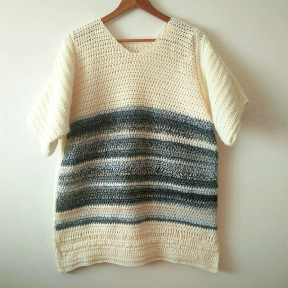 Hand Knit Short Sleeve Cream & Grey Blue Stripped Tunic Sweater - Picture 13 of 13